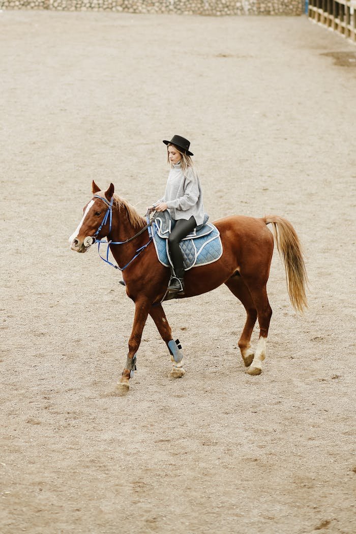 A woman riding a brown horse in an outdoor arena, wearing a hat and casual outfit.